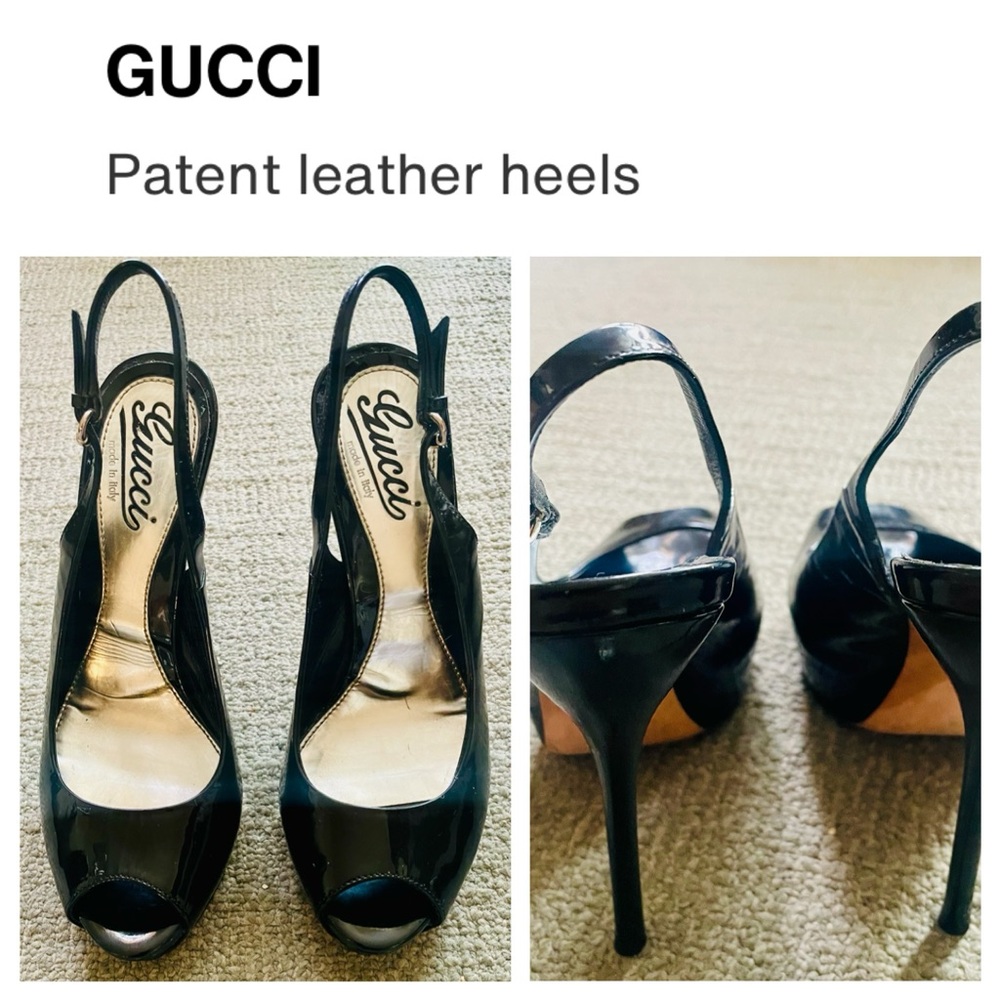 GUCCI Black Patent Leather Sofia Platform Slingback Peep-toe Sandals & Dust Bag